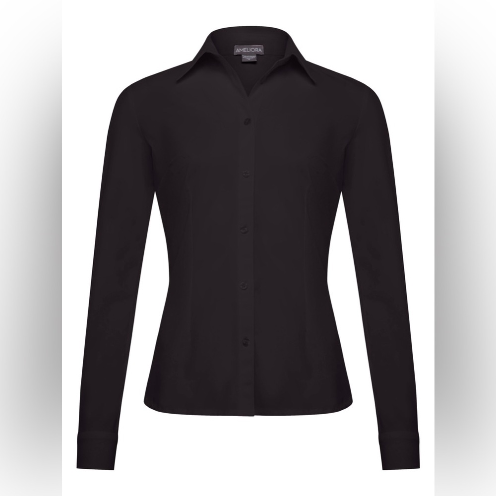 Ameliora Boyfriend Button Up black travel wrinkle free slimming Shirt New $149